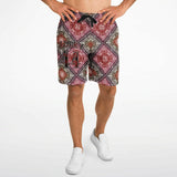 Black and Dark Red Paisley Pattern Design on Men's Luxury Long Shorts