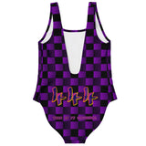 Black and Deep Violet Checker Printed Pattern Design with "444" Angel Number Luxury Swimsuit