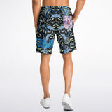 Black and Blue Exotic Floral Pattern Design on Men's Luxury Long Shorts