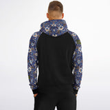 Raglan Unisex Black Hoodie with Exclusive Blue Flowers Pattern