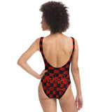 Black and Red Checker Printed Pattern Design with "444" Angel Number Luxury Swimsuit