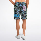 Black and Blue Exotic Floral Pattern Design on Men's Luxury Long Shorts