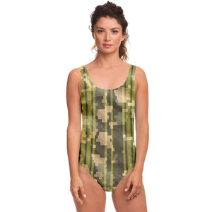 Real Army Green Pixels Pattern Design with Retro Yellow Stylish Stripes Luxury Swimsuit