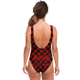 Black and Red Checker Printed Pattern Design with "444" Angel Number Luxury Swimsuit