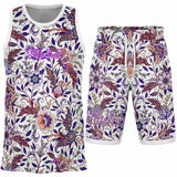 White and Pink with Violet Exotic Floral Pattern Design on Basketball Unisex Jersey & Shorts Set