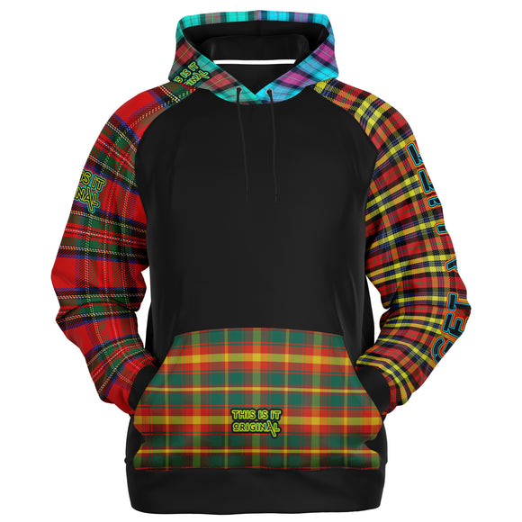 Raglan Unisex Black Hoodie with Mix of Tartan Colors and Perfect 