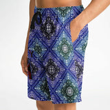 Black and Perfect Blue Paisley Pattern Design on Men's Luxury Long Shorts