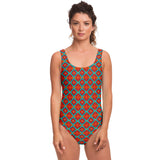 Retro Ultimate Neon Orange, Red, Light Blue Pattern Design on Luxury Swimsuit