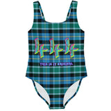 Black and Blue Tartan Perfect Pattern Design with "444" Angel Number Luxury Swimsuit