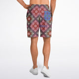 Black and Dark Red Paisley Pattern Design on Men's Luxury Long Shorts