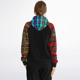 Raglan Unisex Black Hoodie with Mix of Tartan Colors and Perfect "Get a Life" on Left Hand