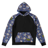 Raglan Unisex Black Hoodie with Exclusive Blue Flowers Pattern