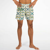 Geometrical Pattern and Emerald Green and Gold Stone Marble Luxury Design Swim Trunks for Men's