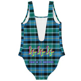 Black and Blue Tartan Perfect Pattern Design with "444" Angel Number Luxury Swimsuit