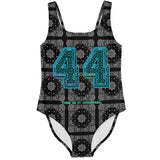 Black Paisley Pattern Design with Blue Sports 44 Lucky Number on Luxury Swimsuit