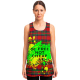 Neon Yellow - Green Splash with Be Free not Cheap on Classic Red Tartan Design Unisex Tank Top