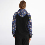 Raglan Unisex Black Hoodie with Exclusive Blue Flowers Pattern