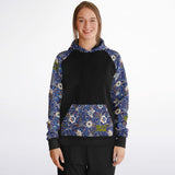 Raglan Unisex Black Hoodie with Exclusive Blue Flowers Pattern