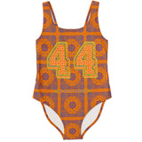 Neon Vibe Orange Paisley Pattern Design with Orange Sports 44 Lucky Number on Luxury Swimsuit