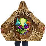 Gold Mandala Design With Psychedelic Neon Green Skull & Mushrooms Hooded Micro Fleece Cloak