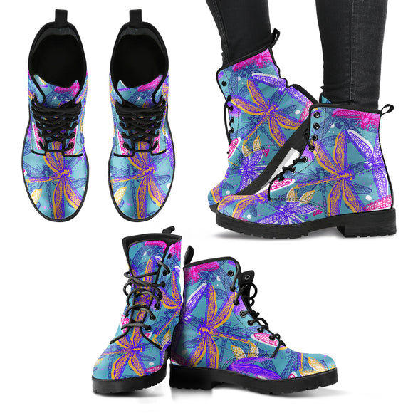 Pink And Blue Dragonfly Pattern Handcrafted Boots