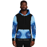 Luxury Poetry on Black with Light Blue & Dark Blue Tie Dye Design Three Fashion Hoodie