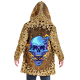 Gold Mandala Design With Psychedelic Dark Blue Skull & Mushrooms Hooded Micro Fleece Cloak