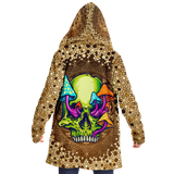 Gold Mandala Design With Psychedelic Neon Green Skull & Mushrooms Hooded Micro Fleece Cloak