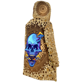 Gold Mandala Design With Psychedelic Dark Blue Skull & Mushrooms Hooded Micro Fleece Cloak