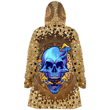 Gold Mandala Design With Psychedelic Dark Blue Skull & Mushrooms Hooded Micro Fleece Cloak