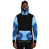 Luxury Poetry on Black with Light Blue & Dark Blue Tie Dye Design Three Fashion Hoodie