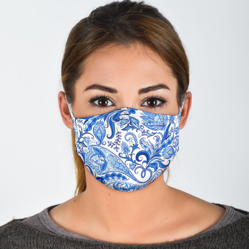 White & Blue Floral Paisley Design Protection Face Mask – This is iT ...