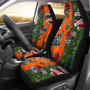 Orange & Dark Green Tattoo Studio Art Design Car Seat Covers