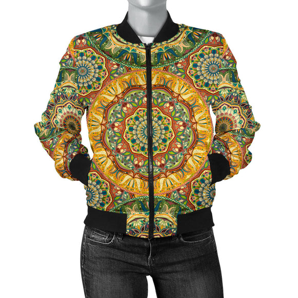 Yellow & Green Mandala Women's Bomber Jacket